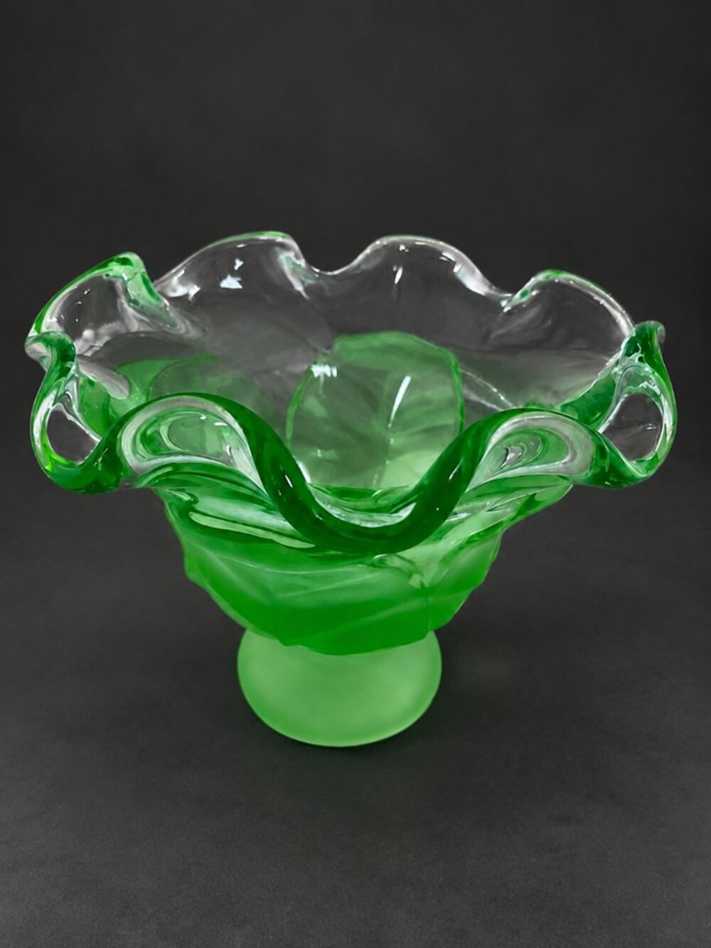 Viking Glass Cabbage Leaf Lime Green Compote Dish Vintage 5.25" Pedestal